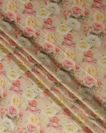 Beige Peach Floral Printed Viscose Jacquard Metallic Fabric, 110 Cms Width, Made in India-D26210