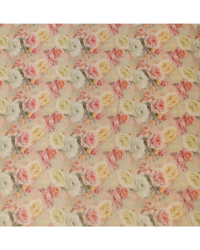 Beige Peach Floral Printed Viscose Jacquard Metallic Fabric, 110 Cms Width, Made in India-D26210