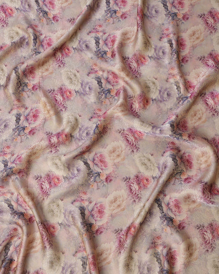 Lilac Pink Floral Printed Viscose Jacquard Metallic Fabric, 110 Cms Width, Made in India-D26209
