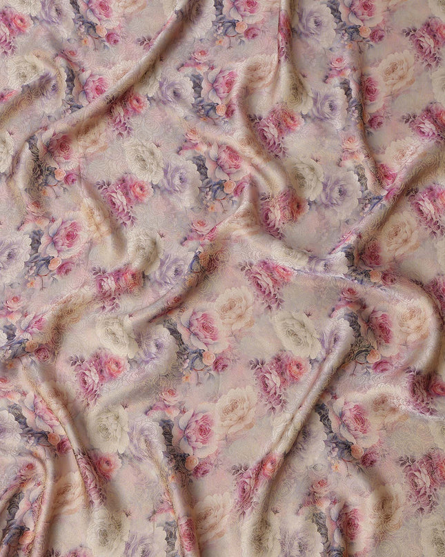 Lilac Pink Floral Printed Viscose Jacquard Metallic Fabric, 110 Cms Width, Made in India-D26209
