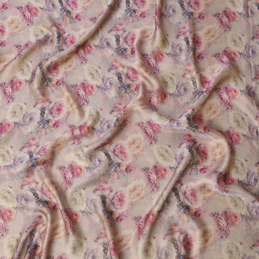 Lilac Pink Floral Printed Viscose Jacquard Metallic Fabric, 110 Cms Width, Made in India-D26209