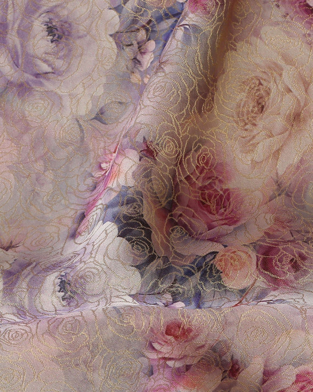 Lilac Pink Floral Printed Viscose Jacquard Metallic Fabric, 110 Cms Width, Made in India-D26209