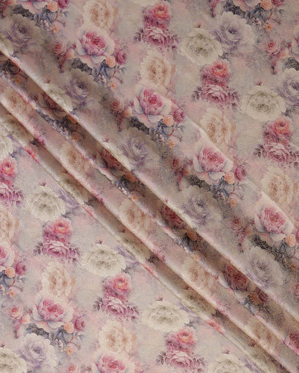 Lilac Pink Floral Printed Viscose Jacquard Metallic Fabric, 110 Cms Width, Made in India-D26209
