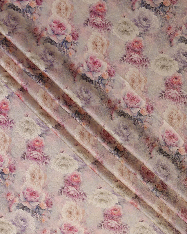 Lilac Pink Floral Printed Viscose Jacquard Metallic Fabric, 110 Cms Width, Made in India-D26209