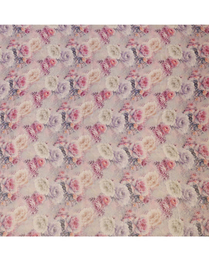 Lilac Pink Floral Printed Viscose Jacquard Metallic Fabric, 110 Cms Width, Made in India-D26209