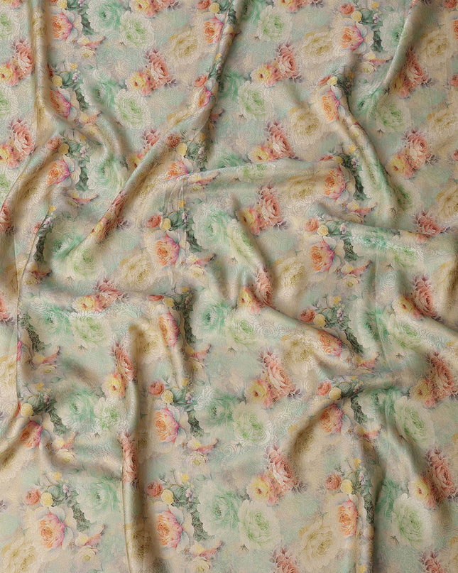 Mint Beige Floral Printed Viscose Jacquard Metallic Fabric, 110 Cms Width, Made in India-D26212