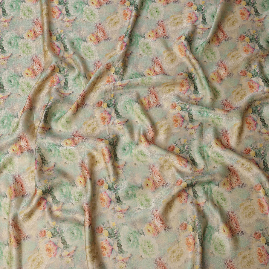 Mint Beige Floral Printed Viscose Jacquard Metallic Fabric, 110 Cms Width, Made in India-D26212