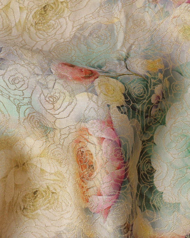 Mint Beige Floral Printed Viscose Jacquard Metallic Fabric, 110 Cms Width, Made in India-D26212