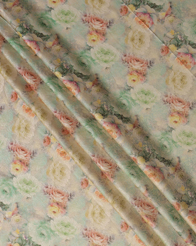 Mint Beige Floral Printed Viscose Jacquard Metallic Fabric, 110 Cms Width, Made in India-D26212