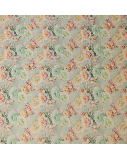 Mint Beige Floral Printed Viscose Jacquard Metallic Fabric, 110 Cms Width, Made in India-D26212