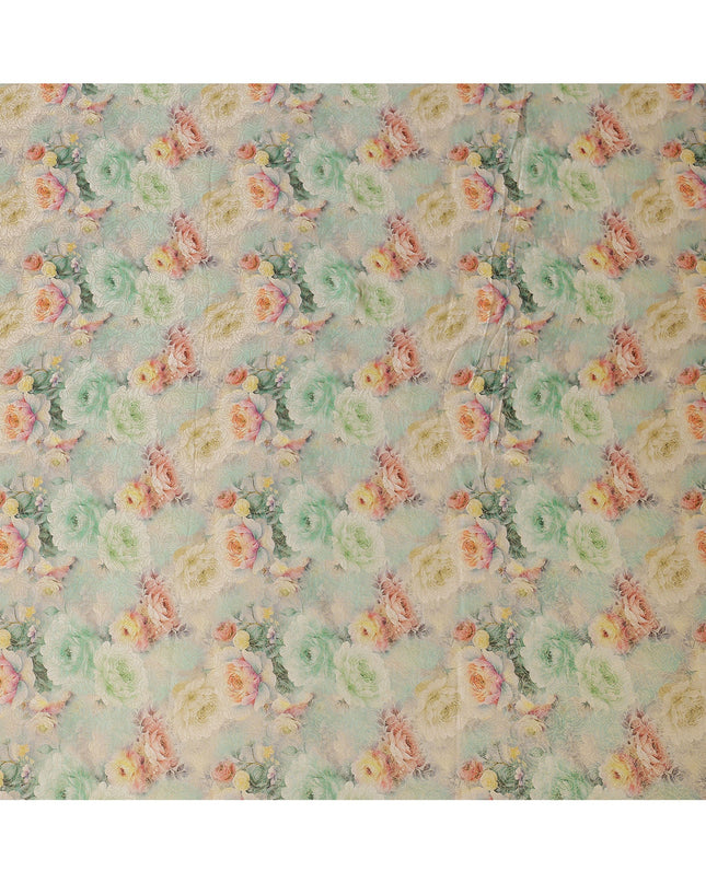 Mint Beige Floral Printed Viscose Jacquard Metallic Fabric, 110 Cms Width, Made in India-D26212