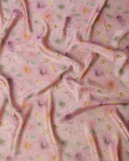 Peach Pink Floral Printed Viscose Jacquard Metallic Fabric, 110 Cms Width, Made in India-D26211