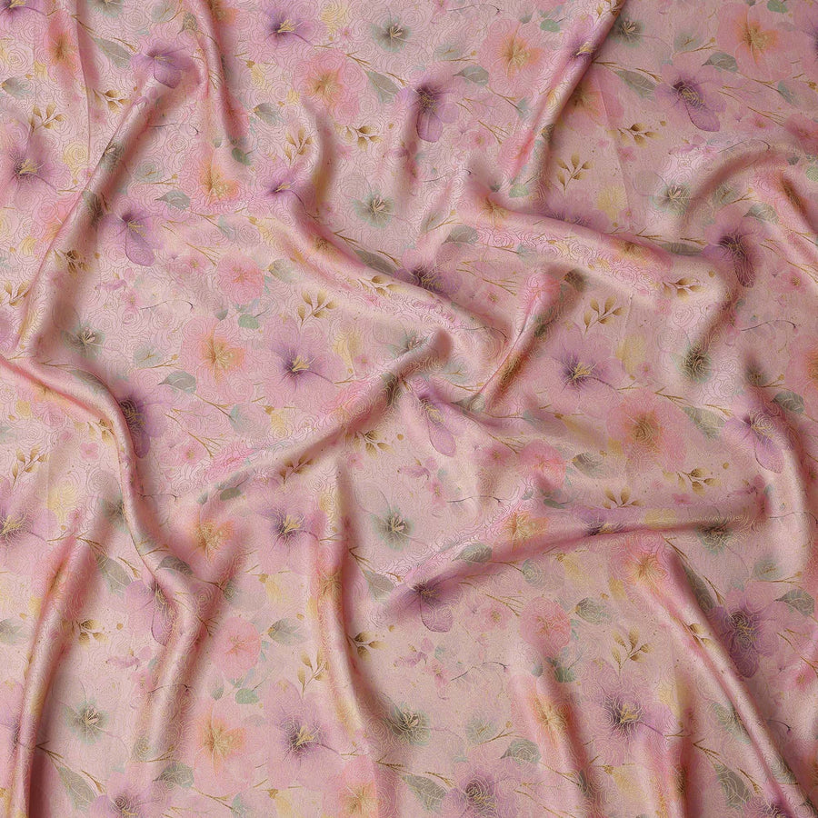 Peach Pink Floral Printed Viscose Jacquard Metallic Fabric, 110 Cms Width, Made in India-D26211
