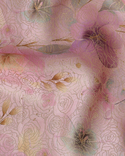 Peach Pink Floral Printed Viscose Jacquard Metallic Fabric, 110 Cms Width, Made in India-D26211