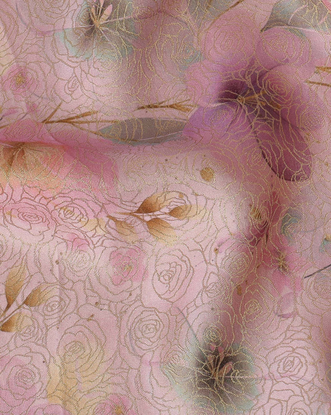 Peach Pink Floral Printed Viscose Jacquard Metallic Fabric, 110 Cms Width, Made in India-D26211