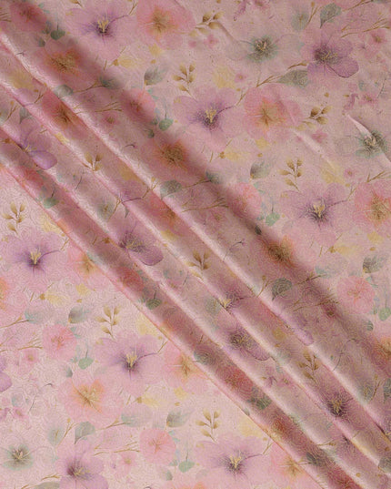 Peach Pink Floral Printed Viscose Jacquard Metallic Fabric, 110 Cms Width, Made in India-D26211
