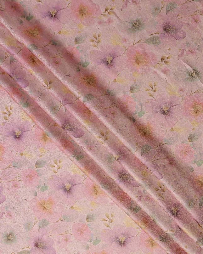 Peach Pink Floral Printed Viscose Jacquard Metallic Fabric, 110 Cms Width, Made in India-D26211