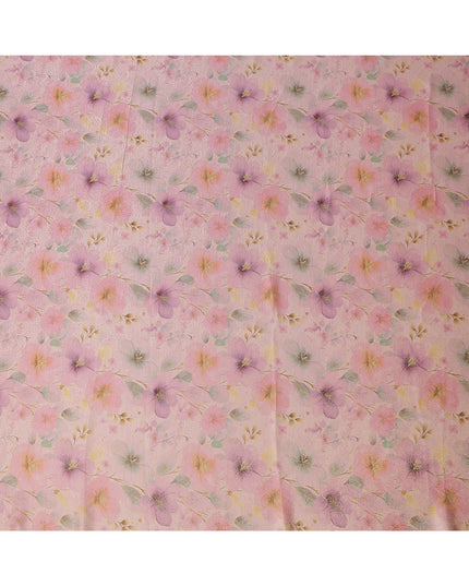 Peach Pink Floral Printed Viscose Jacquard Metallic Fabric, 110 Cms Width, Made in India-D26211