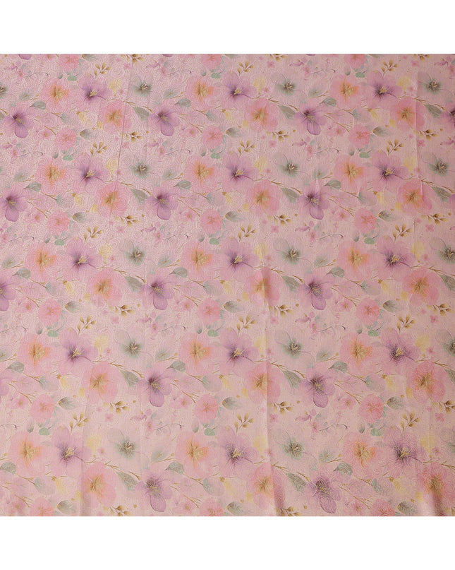 Peach Pink Floral Printed Viscose Jacquard Metallic Fabric, 110 Cms Width, Made in India-D26211