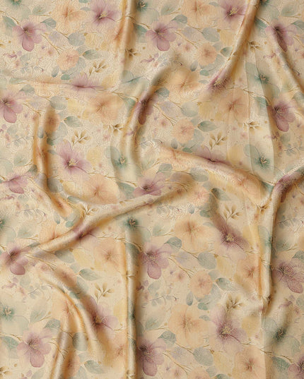 Beige Floral Printed Viscose Jacquard Metallic Fabric, 110 Cms Width, Made in India-D26207