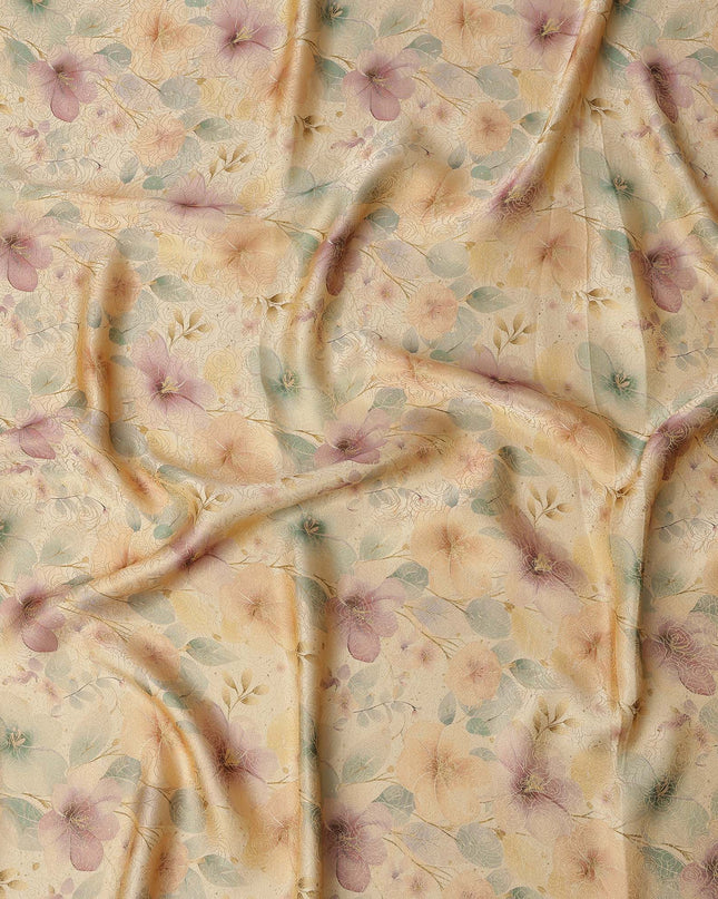 Beige Floral Printed Viscose Jacquard Metallic Fabric, 110 Cms Width, Made in India-D26207