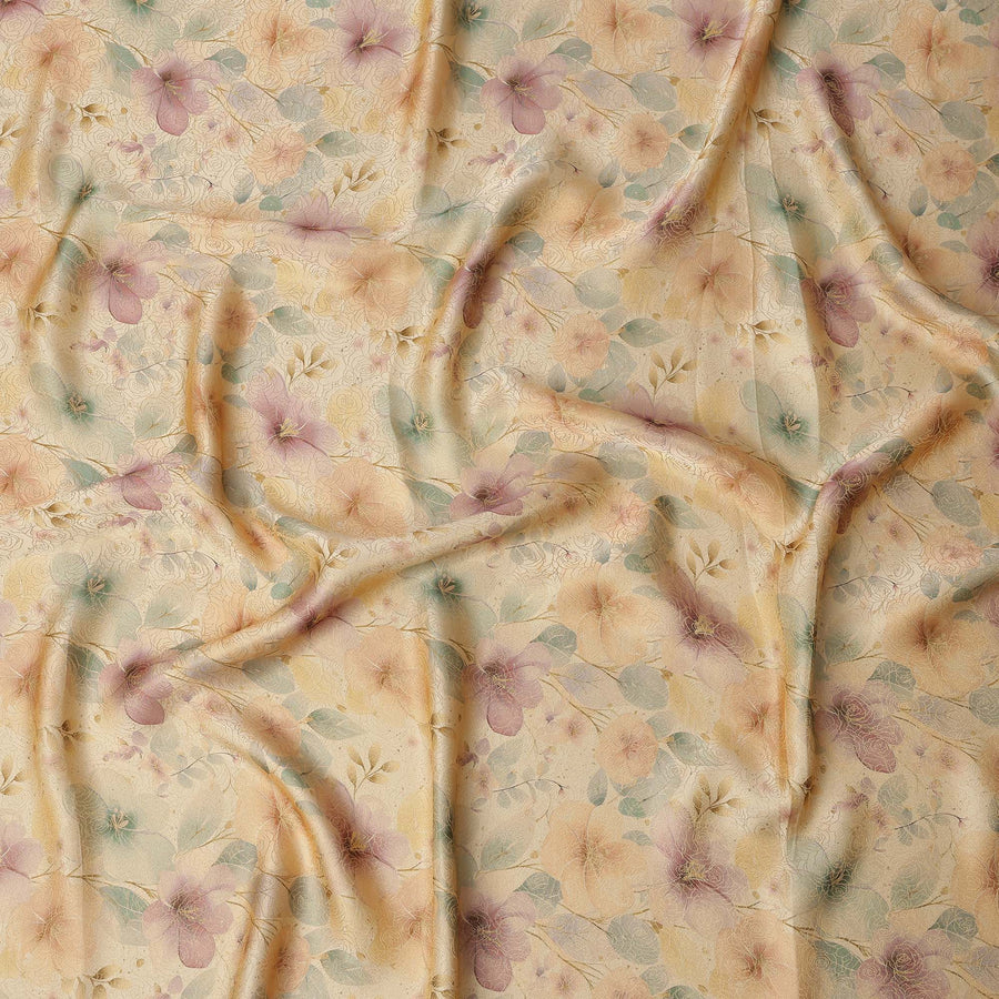 Beige Floral Printed Viscose Jacquard Metallic Fabric, 110 Cms Width, Made in India-D26207