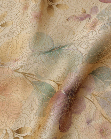 Beige Floral Printed Viscose Jacquard Metallic Fabric, 110 Cms Width, Made in India-D26207