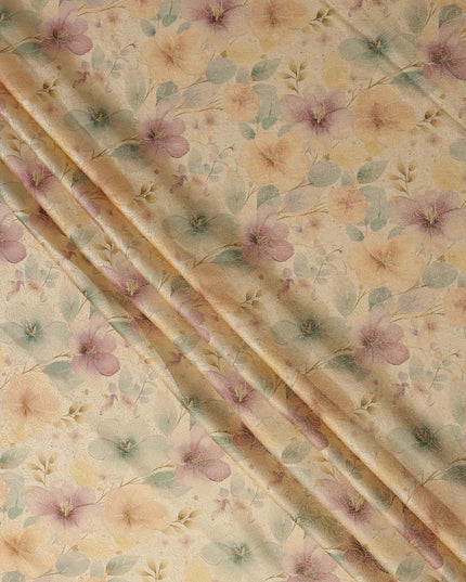 Beige Floral Printed Viscose Jacquard Metallic Fabric, 110 Cms Width, Made in India-D26207