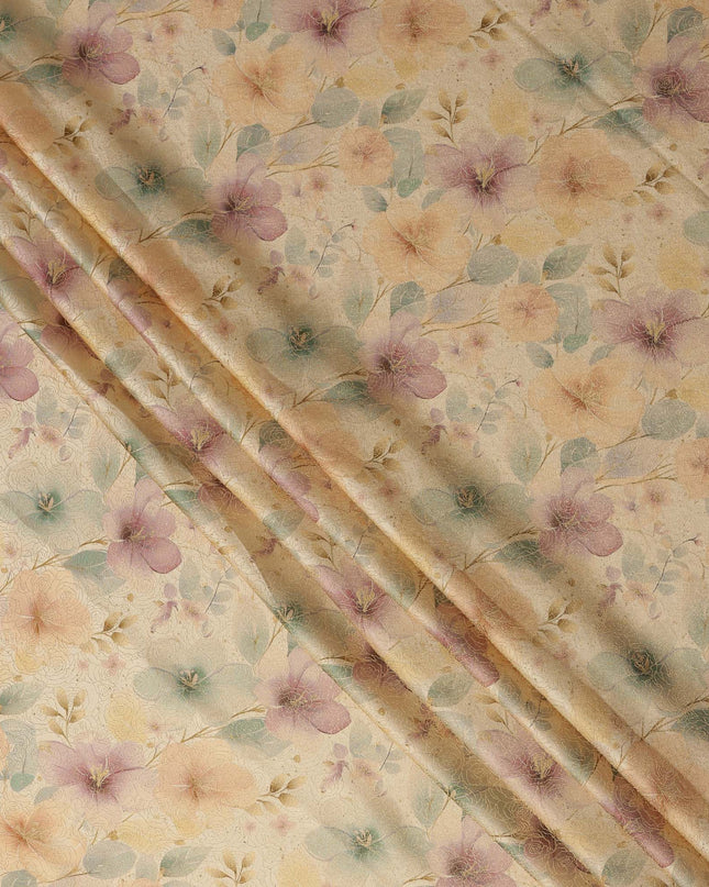 Beige Floral Printed Viscose Jacquard Metallic Fabric, 110 Cms Width, Made in India-D26207