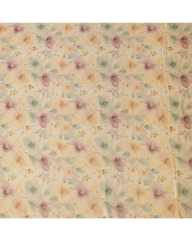 Beige Floral Printed Viscose Jacquard Metallic Fabric, 110 Cms Width, Made in India-D26207