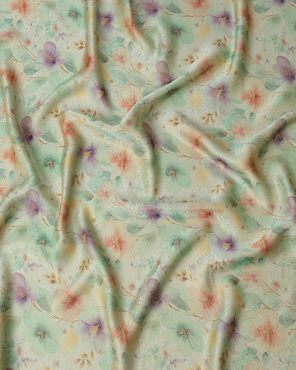 Mint Green Floral Printed Viscose Jacquard Metallic Fabric, 110 Cms Width, Made in India-D26208