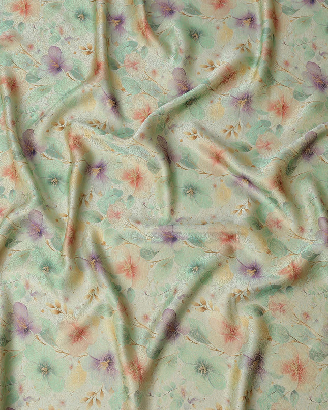 Mint Green Floral Printed Viscose Jacquard Metallic Fabric, 110 Cms Width, Made in India-D26208