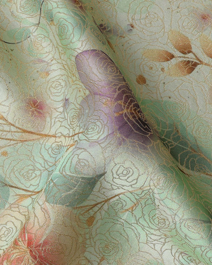 Mint Green Floral Printed Viscose Jacquard Metallic Fabric, 110 Cms Width, Made in India-D26208