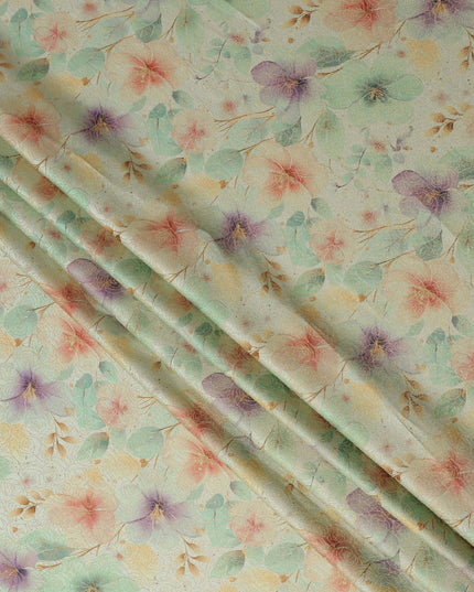 Mint Green Floral Printed Viscose Jacquard Metallic Fabric, 110 Cms Width, Made in India-D26208