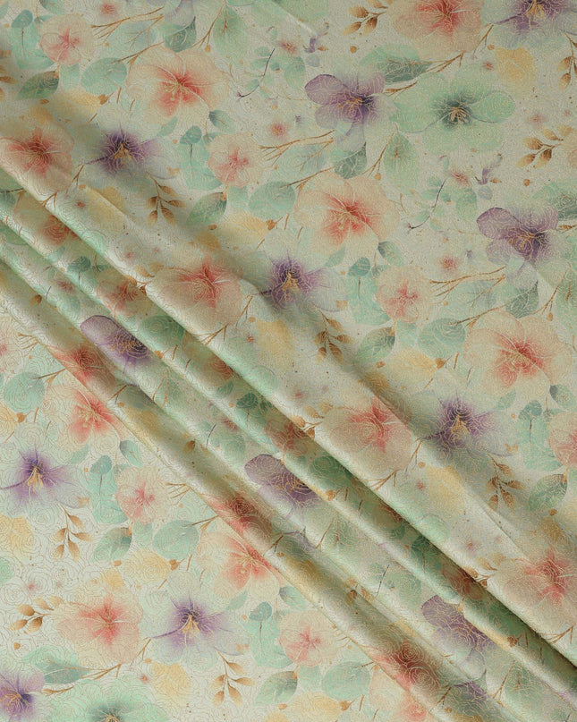 Mint Green Floral Printed Viscose Jacquard Metallic Fabric, 110 Cms Width, Made in India-D26208