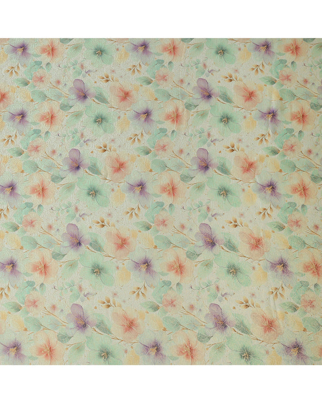 Mint Green Floral Printed Viscose Jacquard Metallic Fabric, 110 Cms Width, Made in India-D26208
