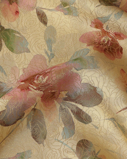 Mustard Yellow Floral Digital Print Viscose Modal Satin Fabric 110 Cms Width India-D27725