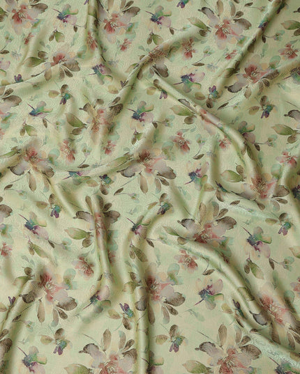 Light Sage Green Floral Digital Print Viscose Modal Satin Fabric 110 Cms Width India-D27724