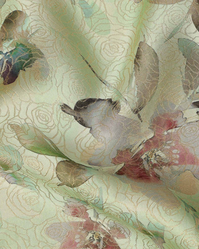 Light Sage Green Floral Digital Print Viscose Modal Satin Fabric 110 Cms Width India-D27724