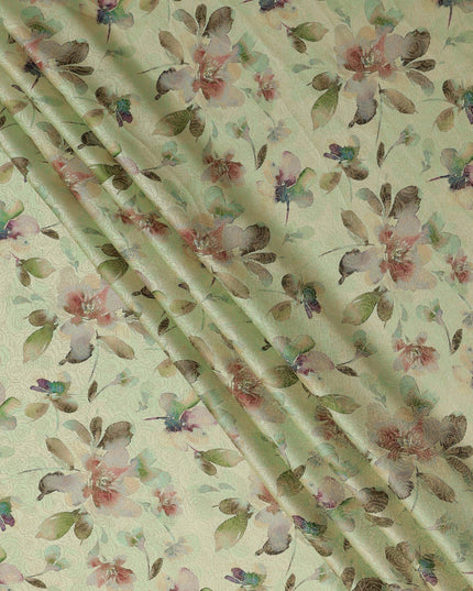 Light Sage Green Floral Digital Print Viscose Modal Satin Fabric 110 Cms Width India-D27724