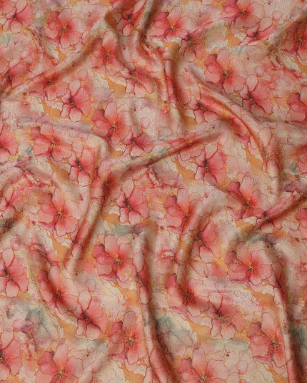 Coral Pink Floral Digital Print Viscose Modal Satin Fabric 110 Cms Width India-D27726