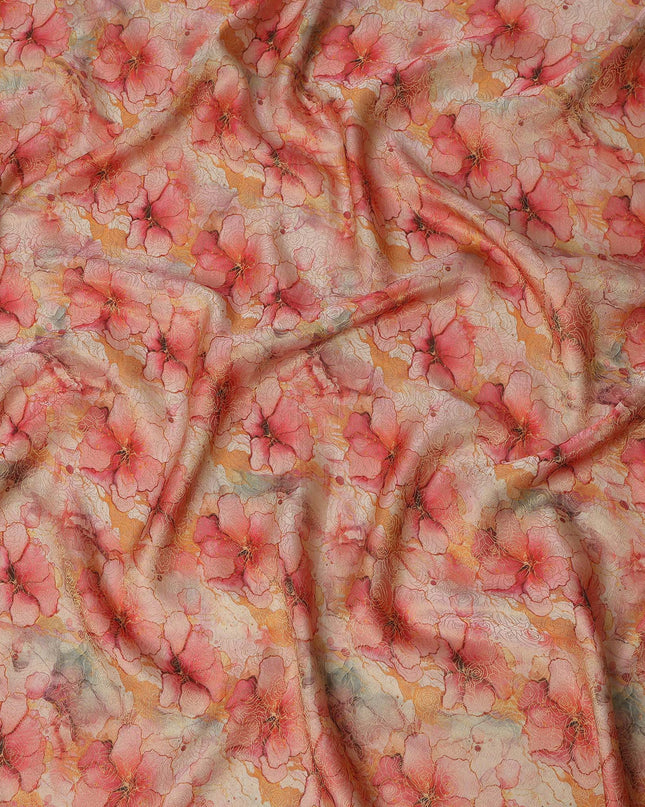 Coral Pink Floral Digital Print Viscose Modal Satin Fabric 110 Cms Width India-D27726