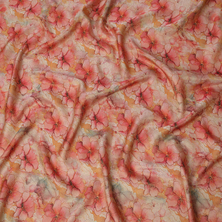 Coral Pink Floral Digital Print Viscose Modal Satin Fabric 110 Cms Width India-D27726