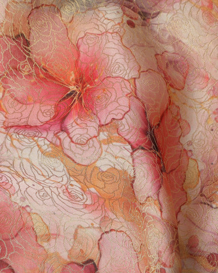 Coral Pink Floral Digital Print Viscose Modal Satin Fabric 110 Cms Width India-D27726
