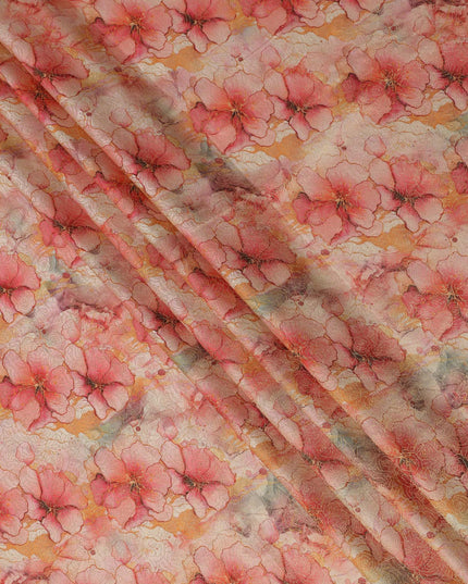 Coral Pink Floral Digital Print Viscose Modal Satin Fabric 110 Cms Width India-D27726