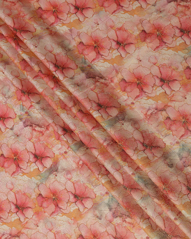 Coral Pink Floral Digital Print Viscose Modal Satin Fabric 110 Cms Width India-D27726