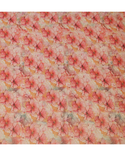 Coral Pink Floral Digital Print Viscose Modal Satin Fabric 110 Cms Width India-D27726