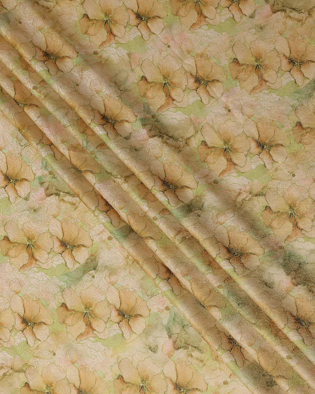 Beige Peach Floral Digital Print Viscose Modal Satin Fabric 110 Cms Width India-D27727