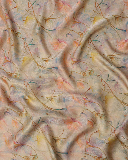 Beige Multicolor Floral Printed Synthetic Satin Fabric, 110 Cms Width, Made in India-D26240