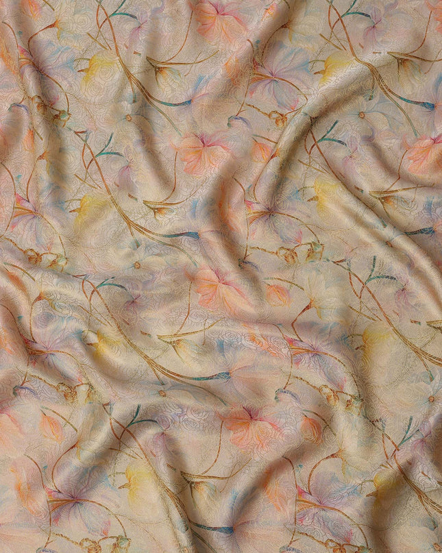 Beige Multicolor Floral Printed Synthetic Satin Fabric, 110 Cms Width, Made in India-D26240
